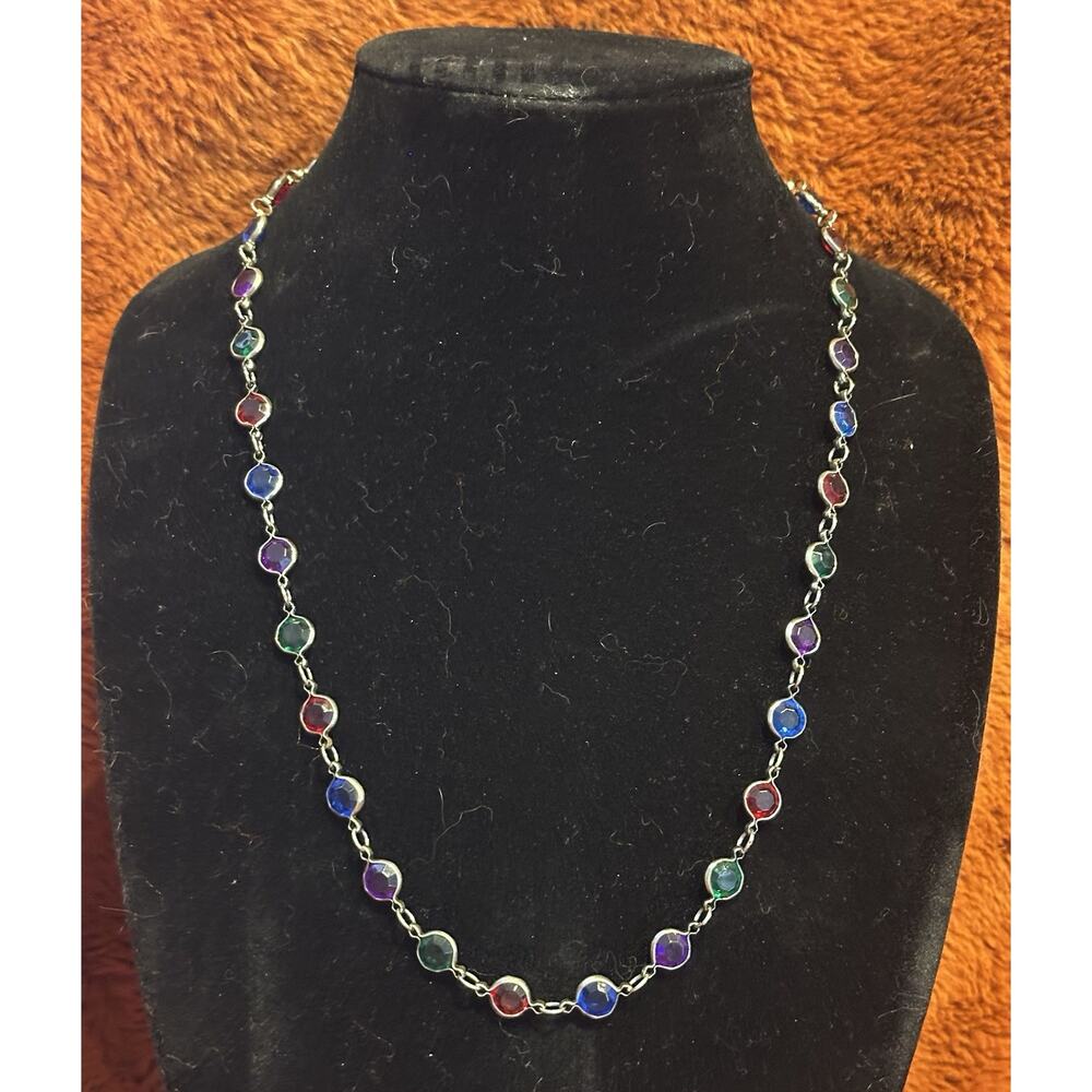 Two Sisters Signed Necklace Bezel Multi Color Glass Chain Lightweight Boho Vtg - Picture 7 of 7